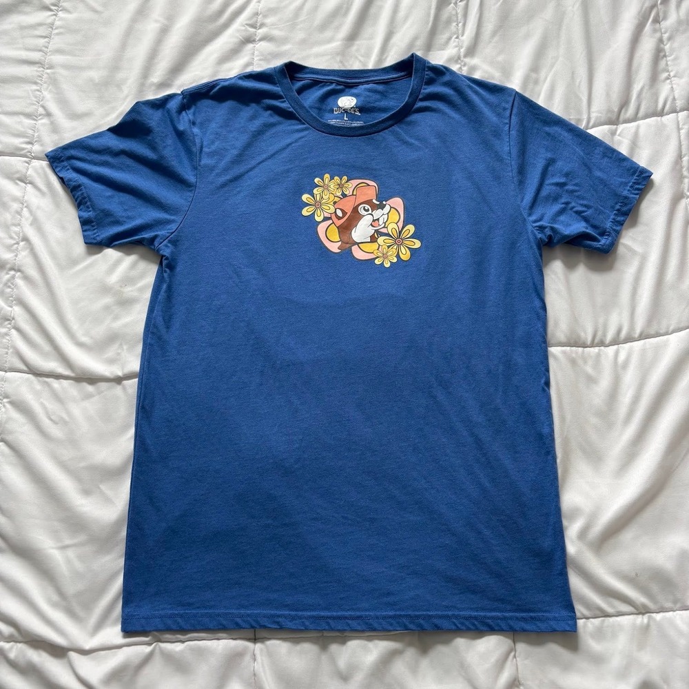 Buc-ee's Beaver Mascot Floral Graphic Tee Blue Short Sleeve Shirt Large